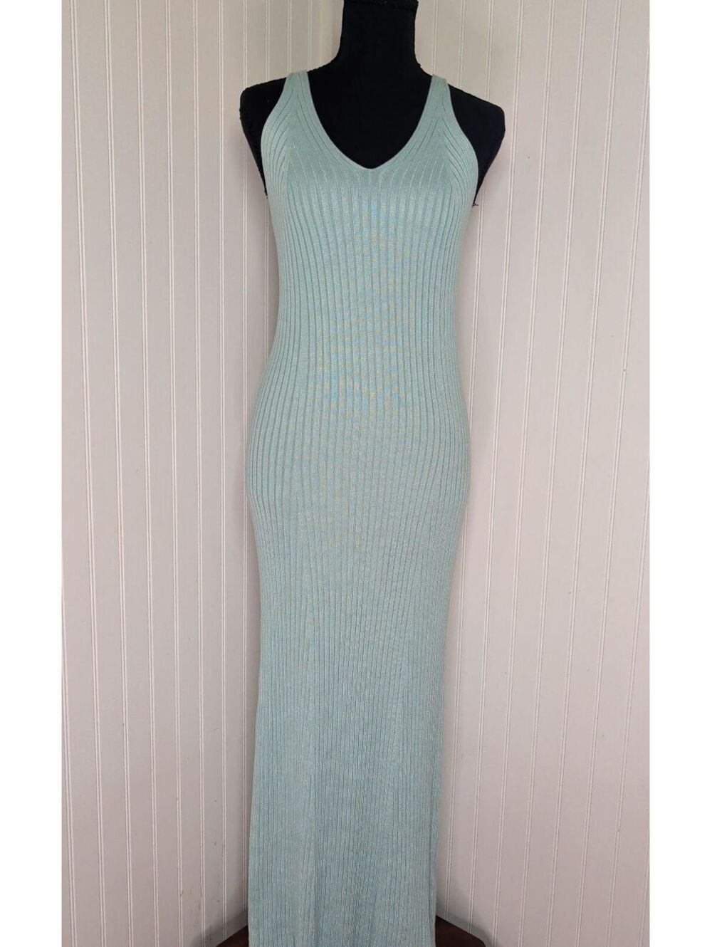 NWT Mint Green Ribbed Knit Maxi Dress Sleeveless V-Neck Bodycon Dress